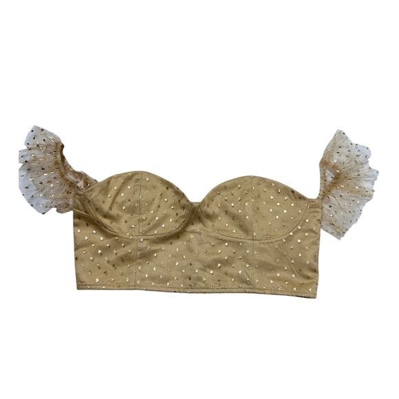 PRETTYLITTLETHING Gold Printed Frill Bardot Crop Top Size 14 NWT - Picture 1 of 7